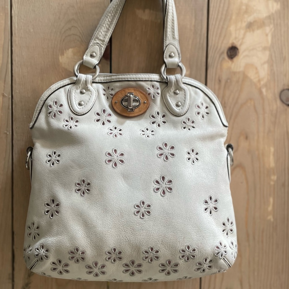 Coach Distressed White Leather Spring Handbag With Pink Satin Lining Good Cond.